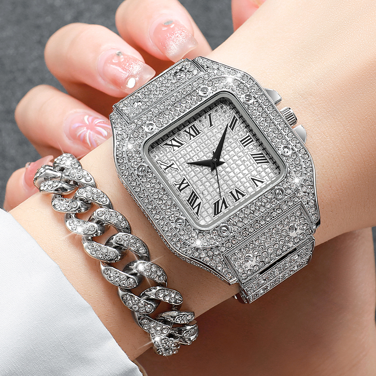 2PCS Iced Out Square Watch & C - Jewelry Diamond Watches 리뷰 및 가격
