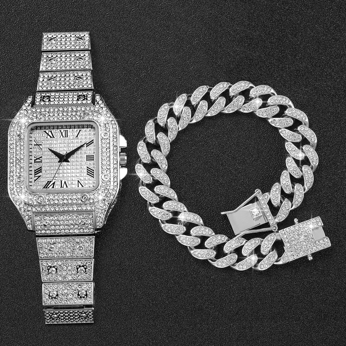 2PCS Iced Out Square Watch & C - Jewelry Diamond Watches 리뷰 및 가격