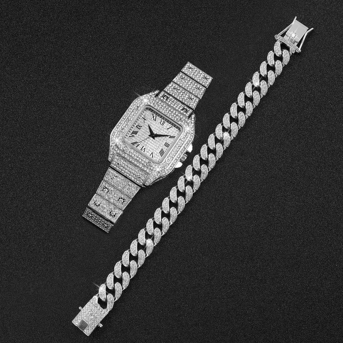 2PCS Iced Out Square Watch & C - Jewelry Diamond Watches 리뷰 및 가격